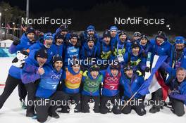 20.02.2018, Pyeongchang, Korea (KOR): Martin Fourcade (FRA), Simon Desthieux (FRA), Anais Bescond (FRA), Marie Dorin Habert (FRA), Celia Aymonier (FRA), (l-r) - XXIII. Olympic Winter Games Pyeongchang 2018, biathlon, relay mixed, Pyeongchang (KOR). www.nordicfocus.com. © Manzoni/NordicFocus. Every downloaded picture is fee-liable.