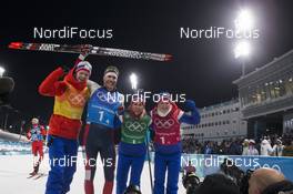 20.02.2018, Pyeongchang, Korea (KOR): Johannes Thingnes Boe (NOR), Emil Hegle Svendsen (NOR), Tiril Eckhoff (NOR), Marte Olsbu (NOR), (l-r) - XXIII. Olympic Winter Games Pyeongchang 2018, biathlon, relay mixed, Pyeongchang (KOR). www.nordicfocus.com. © Manzoni/NordicFocus. Every downloaded picture is fee-liable.