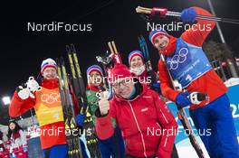 20.02.2018, Pyeongchang, Korea (KOR): Johannes Thingnes Boe (NOR), Tiril Eckhoff (NOR), Marte Olsbu (NOR), Emil Hegle Svendsen (NOR), Ole Bjoern Tretterud (NOR), Swix race service, (l-r) - XXIII. Olympic Winter Games Pyeongchang 2018, biathlon, relay mixed, Pyeongchang (KOR). www.nordicfocus.com. © Manzoni/NordicFocus. Every downloaded picture is fee-liable.