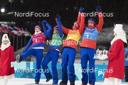 20.02.2018, Pyeongchang, Korea (KOR): Marte Olsbu (NOR), Tiril Eckhoff (NOR), Johannes Thingnes Boe (NOR), Emil Hegle Svendsen (NOR), (l-r) - XXIII. Olympic Winter Games Pyeongchang 2018, biathlon, relay mixed, Pyeongchang (KOR). www.nordicfocus.com. © Manzoni/NordicFocus. Every downloaded picture is fee-liable.
