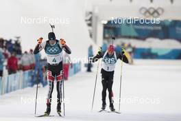 12.02.2018, Pyeongchang, Korea (KOR): Julian Eberhard (AUT), Arnd Peiffer (GER), (l-r) - XXIII. Olympic Winter Games Pyeongchang 2018, biathlon, pursuit men, Pyeongchang (KOR). www.nordicfocus.com. © Manzoni/NordicFocus. Every downloaded picture is fee-liable.