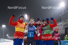 23.02.2018, Pyeongchang, Korea (KOR): Johannes Thingnes Boe (NOR), Emil Hegle Svendsen (NOR), Lars Helge Birkeland (NOR), Tarjei Boe (NOR), (l-r) - XXIII. Olympic Winter Games Pyeongchang 2018, biathlon, relay men, Pyeongchang (KOR). www.nordicfocus.com. © Manzoni/NordicFocus. Every downloaded picture is fee-liable.