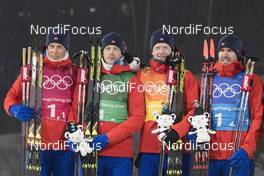 23.02.2018, Pyeongchang, Korea (KOR): Lars Helge Birkeland (NOR), Tarjei Boe (NOR), Johannes Thingnes Boe (NOR), Emil Hegle Svendsen (NOR), (l-r) - XXIII. Olympic Winter Games Pyeongchang 2018, biathlon, relay men, Pyeongchang (KOR). www.nordicfocus.com. © Manzoni/NordicFocus. Every downloaded picture is fee-liable.