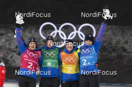 22.02.2018, Pyeongchang, Korea (KOR): Anais Chevalier (FRA), Marie Dorin Habert (FRA), Justine Braisaz (FRA), Anais Bescond (FRA), (l-r) - XXIII. Olympic Winter Games Pyeongchang 2018, biathlon, relay women, Pyeongchang (KOR). www.nordicfocus.com. © Manzoni/NordicFocus. Every downloaded picture is fee-liable.