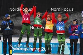 22.02.2018, Pyeongchang, Korea (KOR): Nadezhda Skardino (BLR), Iryna Kryuko (BLR), Dzinara Alimbekava (BLR), Darya Domracheva (BLR), (l-r) - XXIII. Olympic Winter Games Pyeongchang 2018, biathlon, relay women, Pyeongchang (KOR). www.nordicfocus.com. © Manzoni/NordicFocus. Every downloaded picture is fee-liable.