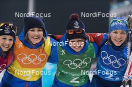 22.02.2018, Pyeongchang, Korea (KOR): Anais Chevalier (FRA), Marie Dorin Habert (FRA), Justine Braisaz (FRA), Anais Bescond (FRA), (l-r) - XXIII. Olympic Winter Games Pyeongchang 2018, biathlon, relay women, Pyeongchang (KOR). www.nordicfocus.com. © Manzoni/NordicFocus. Every downloaded picture is fee-liable.