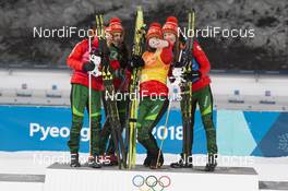 22.02.2018, Pyeongchang, Korea (KOR): Nadezhda Skardino (BLR), Iryna Kryuko (BLR), Dzinara Alimbekava (BLR), Darya Domracheva (BLR), (l-r) - XXIII. Olympic Winter Games Pyeongchang 2018, biathlon, relay women, Pyeongchang (KOR). www.nordicfocus.com. © Manzoni/NordicFocus. Every downloaded picture is fee-liable.