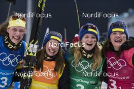 22.02.2018, Pyeongchang, Korea (KOR): Hanna Oeberg (SWE), Anna Magnusson (SWE), Mona Brorsson (SWE), Linn Persson (SWE), (l-r) - XXIII. Olympic Winter Games Pyeongchang 2018, biathlon, relay women, Pyeongchang (KOR). www.nordicfocus.com. © Manzoni/NordicFocus. Every downloaded picture is fee-liable.