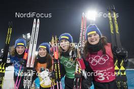 22.02.2018, Pyeongchang, Korea (KOR): Hanna Oeberg (SWE), Anna Magnusson (SWE), Mona Brorsson (SWE), Linn Persson (SWE), (l-r) - XXIII. Olympic Winter Games Pyeongchang 2018, biathlon, relay women, Pyeongchang (KOR). www.nordicfocus.com. © Manzoni/NordicFocus. Every downloaded picture is fee-liable.