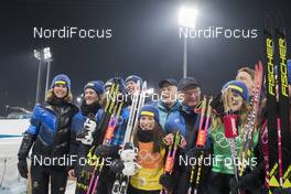 22.02.2018, Pyeongchang, Korea (KOR): Linn Persson (SWE), Mona Brorsson (SWE), Anna Magnusson (SWE), Hanna Oeberg (SWE) celebrating with King Carl VIX Gustav - XXIII. Olympic Winter Games Pyeongchang 2018, biathlon, relay women, Pyeongchang (KOR). www.nordicfocus.com. © Manzoni/NordicFocus. Every downloaded picture is fee-liable.