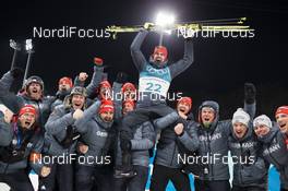 11.02.2018, Pyeongchang, Korea (KOR): Arnd Peiffer (GER) celebrates with the german team - XXIII. Olympic Winter Games Pyeongchang 2018, biathlon, sprint men, Pyeongchang (KOR). www.nordicfocus.com. © Manzoni/NordicFocus. Every downloaded picture is fee-liable.