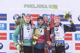 06.12.2018, Pokljuka, Slovenia (SLO): Johannes Kuehn (GER), Martin Fourcade (FRA), Simon Eder (AUT), (l-r) - IBU world cup biathlon, individual men, Pokljuka (SLO). www.nordicfocus.com. © Manzoni/NordicFocus. Every downloaded picture is fee-liable.