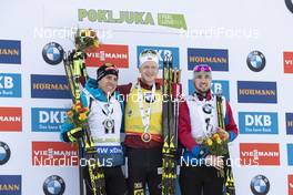 09.12.2018, Pokljuka, Slovenia (SLO): Quentin Fillon Maillet (FRA), Johannes Thingnes Boe (NOR), Alexander Loginov (RUS), (l-r) - IBU world cup biathlon, pursuit men, Pokljuka (SLO). www.nordicfocus.com. © Manzoni/NordicFocus. Every downloaded picture is fee-liable.