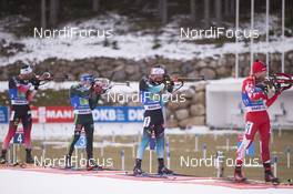 02.12.2018, Pokljuka, Slovenia (SLO): Lars Helge Birkeland (NOR), Erik Lesser (GER), Antonin Guigonnat (FRA), Christian Gow (CAN), (l-r) - IBU World Cup Biathlon, single mixed relay, Pokljuka (SLO). www.nordicfocus.com. © Manzoni/NordicFocus. Every downloaded picture is fee-liable.