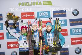 08.12.2018, Pokljuka, Slovenia (SLO): Dorothea Wierer (ITA), Kaisa Makarainen (FIN), Justine Braisaz (FRA), (l-r) - IBU world cup biathlon, sprint women, Pokljuka (SLO). www.nordicfocus.com. © Manzoni/NordicFocus. Every downloaded picture is fee-liable.