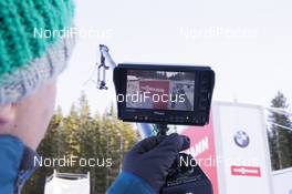 08.12.2018, Pokljuka, Slovenia (SLO): Event Feature: start feature with a tv cam filming the start gate - IBU world cup biathlon, sprint women, Pokljuka (SLO). www.nordicfocus.com. © Manzoni/NordicFocus. Every downloaded picture is fee-liable.