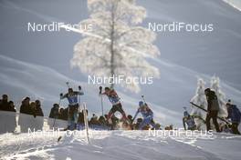 15.12.2018, Hochfilzen, Austria (AUT): Simon Desthieux (FRA), Julian Eberhard (AUT), Alexander Loginov (RUS), Lukas Hofer (ITA), Walter Gapp (AUT), coach Team Austria, (l-r) - IBU world cup biathlon, pursuit men, Hochfilzen (AUT). www.nordicfocus.com. © Manzoni/NordicFocus. Every downloaded picture is fee-liable.