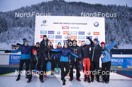 16.12.2018, Hochfilzen, Austria (AUT): Nathan Smith (CAN) celebrates his career ending with his team mates  - IBU world cup biathlon, relay men, Hochfilzen (AUT). www.nordicfocus.com. © Manzoni/NordicFocus. Every downloaded picture is fee-liable.