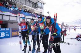 16.12.2018, Hochfilzen, Austria (AUT): Anais Bescond (FRA), Celia Aymonier (FRA), Julia Simon (FRA), Anais Chevalier (FRA), (l-r) - IBU world cup biathlon, relay women, Hochfilzen (AUT). www.nordicfocus.com. © Manzoni/NordicFocus. Every downloaded picture is fee-liable.