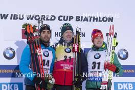 14.12.2018, Hochfilzen, Austria (AUT): Martin Fourcade (FRA), Johannes Thingnes Boe (NOR), Benedikt Doll (GER), (l-r) - IBU world cup biathlon, sprint men, Hochfilzen (AUT). www.nordicfocus.com. © Manzoni/NordicFocus. Every downloaded picture is fee-liable.