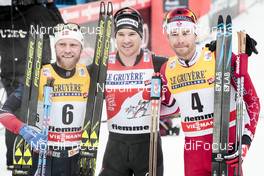 07.01.2018, Val di Fiemme, Italy (ITA): Martin Johnsrud Sundby (NOR), Dario Cologna (SUI), Alex Harvey (CAN), (l-r)  - FIS world cup cross-country, tour de ski, final climb men, Val di Fiemme (ITA). www.nordicfocus.com. © Modica/NordicFocus. Every downloaded picture is fee-liable.