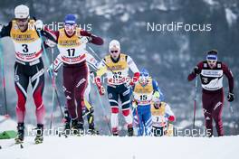 06.01.2018, Val di Fiemme, Italy (ITA): Martin Johnsrud Sundby (NOR), Andrey Larkov (RUS), Didrik Toenseth (NOR), Dario Cologna (SUI), Sergey Ustiugov (RUS), (l-r)  - FIS world cup cross-country, tour de ski, mass men, Val di Fiemme (ITA). www.nordicfocus.com. © Modica/NordicFocus. Every downloaded picture is fee-liable.