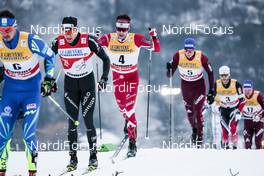 06.01.2018, Val di Fiemme, Italy (ITA): Alexey Poltoranin (KAZ), Dario Cologna (SUI), Alex Harvey (CAN), Alexander Bolshunov (RUS), (l-r)  - FIS world cup cross-country, tour de ski, mass men, Val di Fiemme (ITA). www.nordicfocus.com. © Modica/NordicFocus. Every downloaded picture is fee-liable.