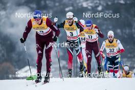 06.01.2018, Val di Fiemme, Italy (ITA): Alexander Bolshunov (RUS), Martin Johnsrud Sundby (NOR), Andrey Larkov (RUS), (l-r)  - FIS world cup cross-country, tour de ski, mass men, Val di Fiemme (ITA). www.nordicfocus.com. © Modica/NordicFocus. Every downloaded picture is fee-liable.
