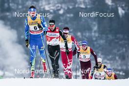 06.01.2018, Val di Fiemme, Italy (ITA): Alexey Poltoranin (KAZ), Dario Cologna (SUI), Alex Harvey (CAN), Alexander Bolshunov (RUS), (l-r)  - FIS world cup cross-country, tour de ski, mass men, Val di Fiemme (ITA). www.nordicfocus.com. © Modica/NordicFocus. Every downloaded picture is fee-liable.
