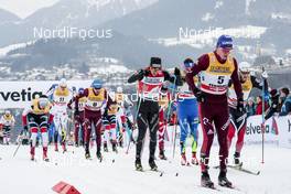 06.01.2018, Val di Fiemme, Italy (ITA): Alexander Bolshunov (RUS), Dario Cologna (SUI), Alexey Chervotkin (RUS), (l-r)  - FIS world cup cross-country, tour de ski, mass men, Val di Fiemme (ITA). www.nordicfocus.com. © Modica/NordicFocus. Every downloaded picture is fee-liable.