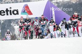 06.01.2018, Val di Fiemme, Italy (ITA): Teresa Stadlober (AUT), Heidi Weng (NOR), Jessica Diggins (USA), Kerttu Niskanen (FIN), Krista Parmakoski (FIN), Ingvild Flugstad Oestberg (NOR), Natalia Nepryaeva (RUS), (l-r)  - FIS world cup cross-country, tour de ski, mass women, Val di Fiemme (ITA). www.nordicfocus.com. © Modica/NordicFocus. Every downloaded picture is fee-liable.