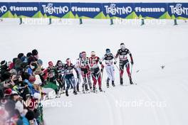 06.01.2018, Val di Fiemme, Italy (ITA): Jessica Diggins (USA), Teresa Stadlober (AUT), Ingvild Flugstad Oestberg (NOR), Krista Parmakoski (FIN), Heidi Weng (NOR), (l-r)  - FIS world cup cross-country, tour de ski, mass women, Val di Fiemme (ITA). www.nordicfocus.com. © Modica/NordicFocus. Every downloaded picture is fee-liable.