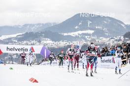 06.01.2018, Val di Fiemme, Italy (ITA): Ingvild Flugstad Oestberg (NOR), Heidi Weng (NOR), Jessica Diggins (USA), Krista Parmakoski (FIN), Teresa Stadlober (AUT), (l-r)  - FIS world cup cross-country, tour de ski, mass women, Val di Fiemme (ITA). www.nordicfocus.com. © Modica/NordicFocus. Every downloaded picture is fee-liable.