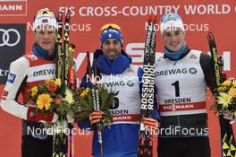 13.01.2018, Dresden, Germany (GER): Johannes Hoesflot Klaebo (NOR), Federico Pellegrino (ITA), Lucas Chanavat (FRA), (l-r) - FIS world cup cross-country, individual sprint, Dresden (GER). www.nordicfocus.com. © Thibaut/NordicFocus. Every downloaded picture is fee-liable.