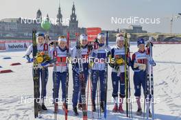 14.01.2018, Dresden, Germany (GER): Stina Nilsson (SWE), Hanna Falk (SWE), Ida Ingemarsdotter (SWE), Maja Dahlqvist (SWE), Sophie Caldwell (USA), Ida Sargent (USA) - FIS world cup cross-country, team sprint, Dresden (GER). www.nordicfocus.com. © Thibaut/NordicFocus. Every downloaded picture is fee-liable.