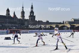 14.01.2018, Dresden, Germany (GER): Maja Dahlqvist (SWE), Stina Nilsson (SWE), Sophie Caldwell (USA) - FIS world cup cross-country, team sprint, Dresden (GER). www.nordicfocus.com. © Thibaut/NordicFocus. Every downloaded picture is fee-liable.