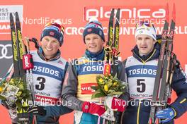 20.01.2018, Planica, Slovenia (SLO): Emil Iversen (NOR), Johannes Hoesflot Klaebo (NOR), Teodor Peterson (SWE), (l-r) - FIS world cup cross-country, individual sprint, Planica (SLO). www.nordicfocus.com. © Modica/NordicFocus. Every downloaded picture is fee-liable.
