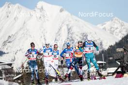 27.01.2018, Seefeld, Austria (AUT): Simeon Hamilton (USA), Calle Halfvarsson (SWE), Maciej Starega (POL), Federico Pellegrino (ITA), Johannes Hoesflot Klaebo (NOR), Lucas Chanavat (FRA), (l-r)  - FIS world cup cross-country, individual sprint, Seefeld (AUT). www.nordicfocus.com. © Modica/NordicFocus. Every downloaded picture is fee-liable.