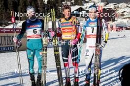 27.01.2018, Seefeld, Austria (AUT): Lucas Chanavat (FRA), Johannes Hoesflot Klaebo (NOR), Calle Halfvarsson (SWE), (l-r)  - FIS world cup cross-country, individual sprint, Seefeld (AUT). www.nordicfocus.com. © Modica/NordicFocus. Every downloaded picture is fee-liable.