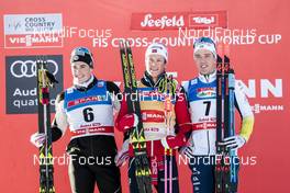 27.01.2018, Seefeld, Austria (AUT): Lucas Chanavat (FRA), Johannes Hoesflot Klaebo (NOR), Calle Halfvarsson (SWE), (l-r) - FIS world cup cross-country, individual sprint, Seefeld (AUT). www.nordicfocus.com. © Modica/NordicFocus. Every downloaded picture is fee-liable.