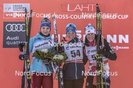 04.03.2018, Lahti, Finland (FIN): Natalia Nepryaeva (RUS), Krista Parmakoski (FIN), Marit Bjoergen (NOR), (l-r) - FIS world cup cross-country, 10km women, Lahti (FIN). www.nordicfocus.com. © Thibaut/NordicFocus. Every downloaded picture is fee-liable.