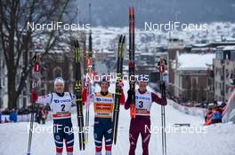 07.03.2018, Drammen, Norway (NOR): Eirik Brandsdal (NOR), Johannes Hoesflot Klaebo (NOR), Alexander Bolshunov (RUS) - FIS world cup cross-country, individual sprint, Drammen (NOR). www.nordicfocus.com. © Thibaut/NordicFocus. Every downloaded picture is fee-liable.