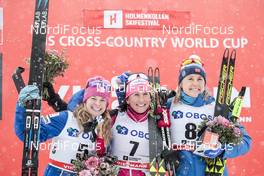11.03.2018, Oslo, Norway (NOR): Jessica Diggins (USA), Marit Bjoergen (NOR), Ragnhild Haga (NOR), (l-r) - FIS world cup cross-country, mass women, Oslo (NOR). www.nordicfocus.com. © Modica/NordicFocus. Every downloaded picture is fee-liable.