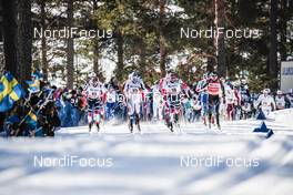 17.03.2018, Falun Sweden (SWE): Niklas Dyrhaug (NOR), Iivo Niskanen (FIN), Emil Iversen (NOR), Dario Cologna (SUI), (l-r)  - FIS world cup cross-country, mass men, Falun (SWE). www.nordicfocus.com. © Modica/NordicFocus. Every downloaded picture is fee-liable.