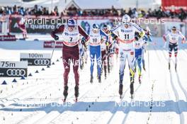 17.03.2018, Falun Sweden (SWE): Alexander Bolshunov (RUS), Calle Halfvarsson (SWE), (l-r)  - FIS world cup cross-country, mass men, Falun (SWE). www.nordicfocus.com. © Modica/NordicFocus. Every downloaded picture is fee-liable.