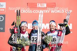17.03.2018, Falun Sweden (SWE): Marit Bjoergen (NOR), Krista Parmakoski (FIN), Ingvild Flugstad Oestberg (NOR), (l-r) - FIS world cup cross-country, mass women, Falun (SWE). www.nordicfocus.com. © Modica/NordicFocus. Every downloaded picture is fee-liable.