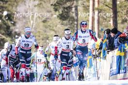 17.03.2018, Falun Sweden (SWE): Kathrine Rolsted Harsem (NOR), Marit Bjoergen (NOR), Jessica Diggins (USA), (l-r)  - FIS world cup cross-country, mass women, Falun (SWE). www.nordicfocus.com. © Modica/NordicFocus. Every downloaded picture is fee-liable.