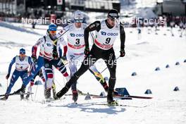 18.03.2018, Falun Sweden (SWE): Martin Johnsrud Sundby (NOR), Calle Halfvarsson (SWE), Dario Cologna (SUI), (l-r)  - FIS world cup cross-country, pursuit men, Falun (SWE). www.nordicfocus.com. © Modica/NordicFocus. Every downloaded picture is fee-liable.