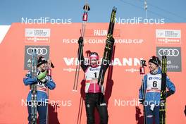18.03.2018, Falun Sweden (SWE): Jessica Diggins (USA), Marit Bjoergen (NOR), Sadie Bjornsen (USA), (l-r) - FIS world cup cross-country, pursuit women, Falun (SWE). www.nordicfocus.com. © Modica/NordicFocus. Every downloaded picture is fee-liable.
