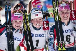 18.03.2018, Falun Sweden (SWE): Jessica Diggins (USA), Marit Bjoergen (NOR), Sadie Bjornsen (USA), (l-r)  - FIS world cup cross-country, pursuit women, Falun (SWE). www.nordicfocus.com. © Modica/NordicFocus. Every downloaded picture is fee-liable.